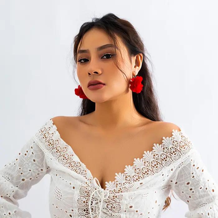 Boucles d'oreilles créoles Ingemark en tissu rose fleuri avec plaquage argent et imitation rhodium pour femmes, mode k-pop, Y2K, bijoux de fête, accessoires romantiques et colorés