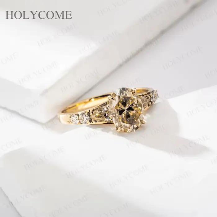Bague en argent sterling 925 plaquée or 18 carats avec moissanite taille ovale/poire/ronde couleur D/champagne pour occasions spéciales pour femme bijou de luxe élégant à offrir