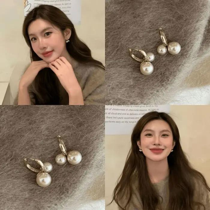 Boucles d'oreilles doubles perles mochas cerise plaquées argent or légers pour femmes parties soirées elegance raffinement