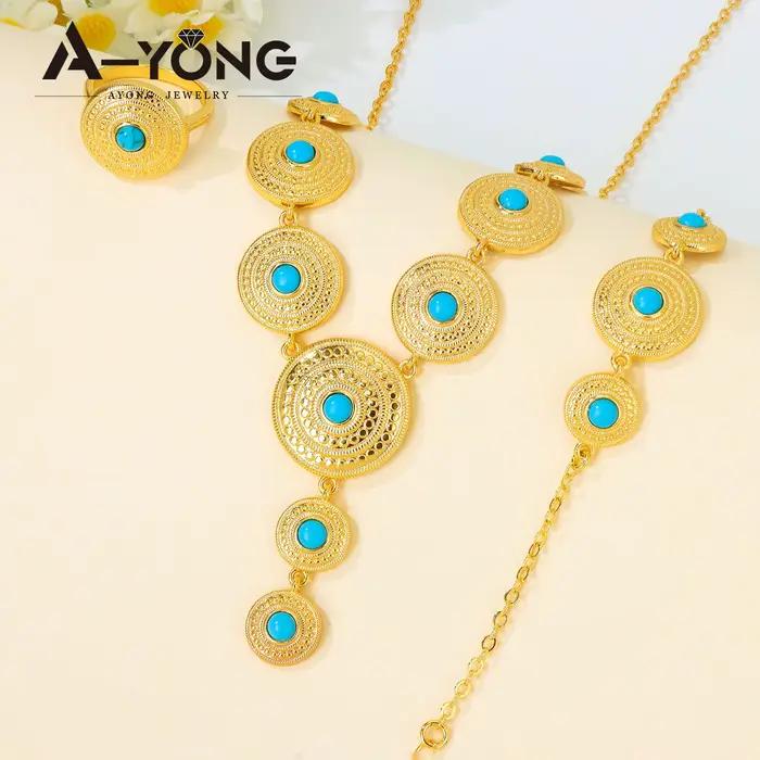Ensemble de bijoux Turquoise plaqué or 24 carats, collier de mariée éthiopien, Bracelet, boucles d'oreilles, bijoux de mariage pour femmes arabes, mode dubaï