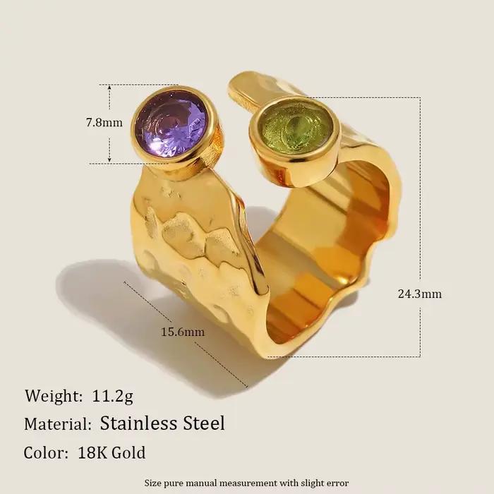 Bague pour femme Glossisland à motif martelé en acier inoxydable plaqué or 18 carats avec zircon, cadeau de bijoux