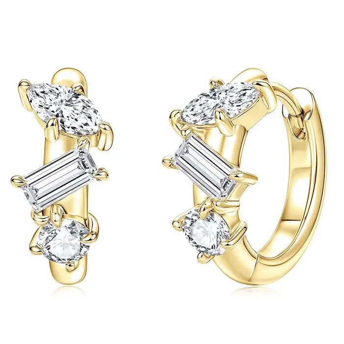 Boucles d'oreilles en forme de marquise/rectangulaires/rondes en moissanite, en or 14 carats, à troi