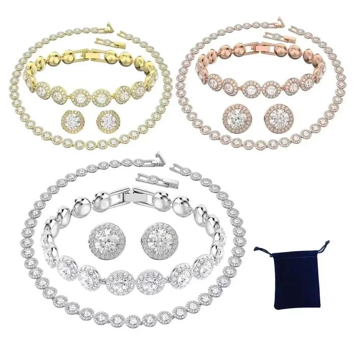 Ensemble de bijoux 2025 - Happiness Diamond - Boucles d'oreilles rondes en cristal, bracelet, collier - Ensemble de bijoux pour femmes avec de magnifiques pierres précieuses - Série Una Angelic