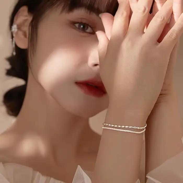 Bracelet double couche en argent Sterling 925 à perles blanches et motif géométrique pour femme