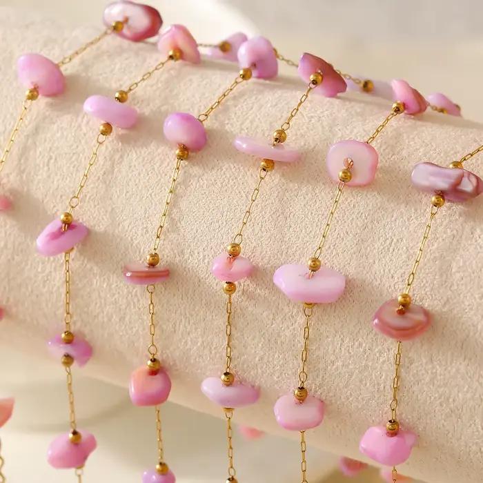 Ensemble collier et bracelet en pierres roses naturelles pour femmes