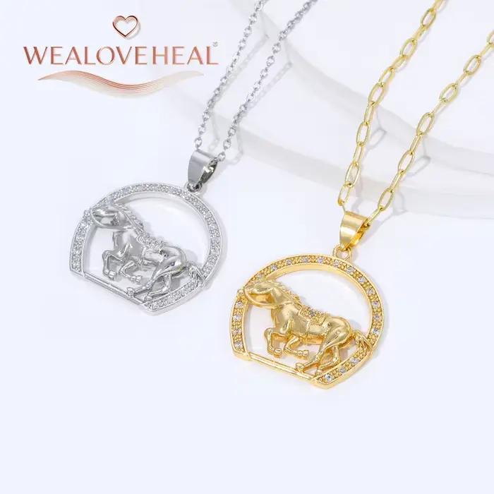 Colliers avec pendentifs de cheval en forme d'animal mignon, collier avec pendentif tête de cheval en laiton plaqué or 18 carats pour femmes/hommes, colliers de bijoux