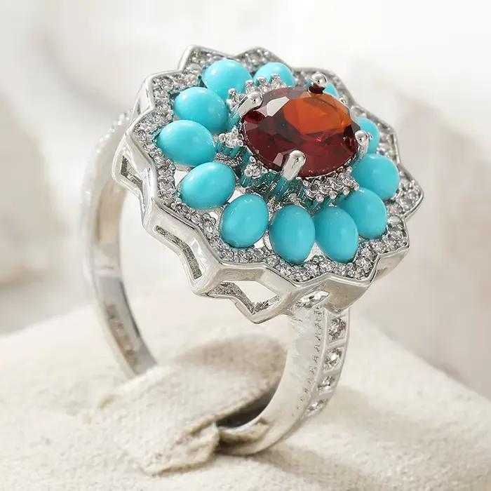 Bague Vintage de Luxe Léger en Forme de Fleur avec Incrustation de Turquoise Synthétique et Zircon, Bague de Tempérament pour Femme, Bijou de Soirée et de Banquet