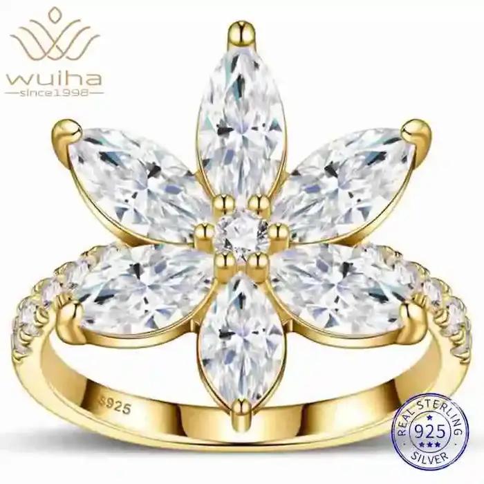 WUIHA Bague Fleur en Argent Sterling 925 avec Moissanite Véritable GRA Couleur D Taille Marquise 4 * 8 MM pour Mariage