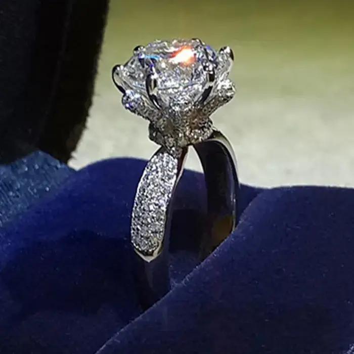 Bague fleur femme 925 en argent sterling rond 3ct AAAAA Zircon cz bagues de fiançailles pour femmes bijoux de fête de mariée
