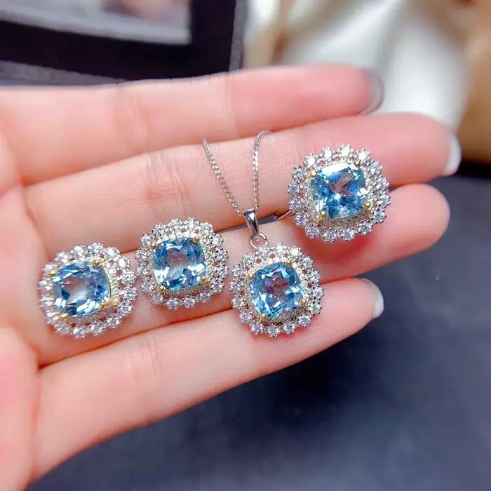 Ensemble de bijoux à breloques en cristal bleu pour femme, boucle d'oreille en pierre, collier, pendentif, bague, 7 couleurs, violet, argent, document