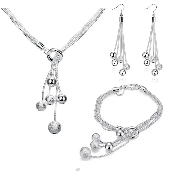 Marques populaires 925 glands en argent Sterling perles suspendues Bracelets collier boucle d'oreille ensemble de bijoux pour les femmes cadeaux de fête de mode