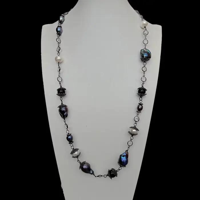 YYGEM – collier longue chaîne en perles naturelles de culture d'eau douce, 30 pouces, 15x23mm, Keshi noir, perle blanche, pomme de terre