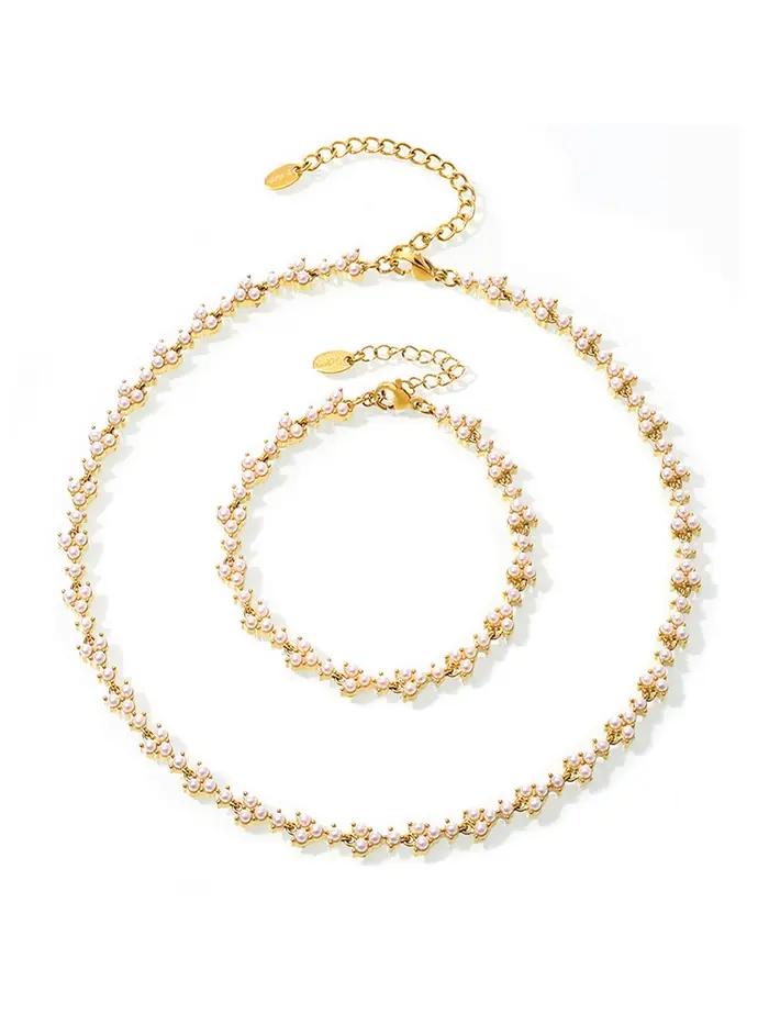 Collier et Bracelet en acier inoxydable pour femmes, avec perles de coquillage, plaqué or 18 carats, bijoux de luxe pour femmes
