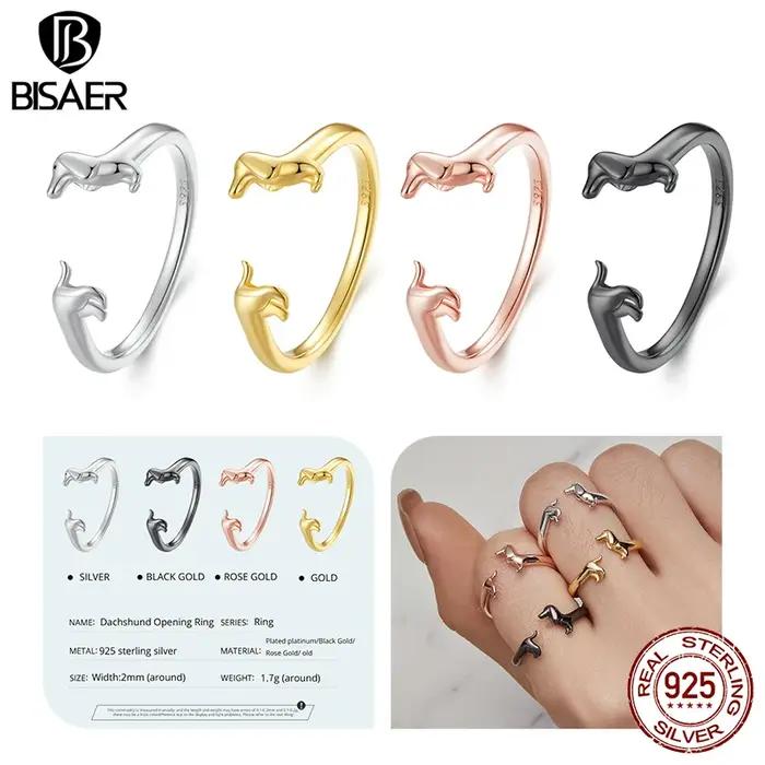 BISAER 100% 925 argent Sterling mignon teckel anneau pour les femmes 14K plaqué or Pet bande réglable fête bijoux de mode 4 couleurs