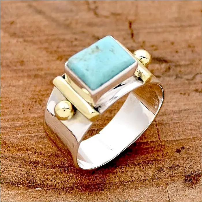 Bague élégante pour femme, bicolore, incrustée de turquoise artificielle carrée, idéale pour banquets, mariages et fiançailles, bijoux artisanaux