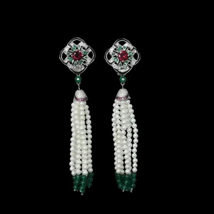 Bellux bijoux conception Unique 925 argent Zircon sang de Pigeon rubis vert perles Vintage gland per