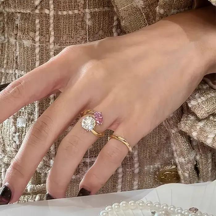 Bagues en diamant rose double couleur en forme de gouttelette d'eau pour femmes