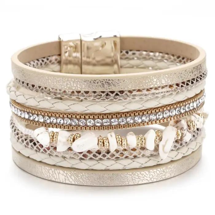 Amorcome Boho pierre naturelle Bracelets en cuir pour femme Vintage tressé corde large multicouche Wrap Bracelet hommes bijoux