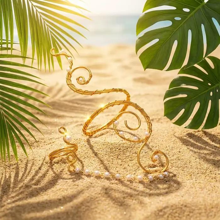 Bracelet spirale bohème avec anneau de doigt en perle, harnais de main en fil métallique, bracelets connectés pour femme, bijoux de plage