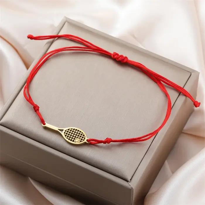 Bracelet de charme raquette de tennis pour femmes et hommes, minimaliste, en acier inoxydable, pour les amateurs de tennis, chaîne à maillons double couche, cordon noir et rouge, bijou de poignet
