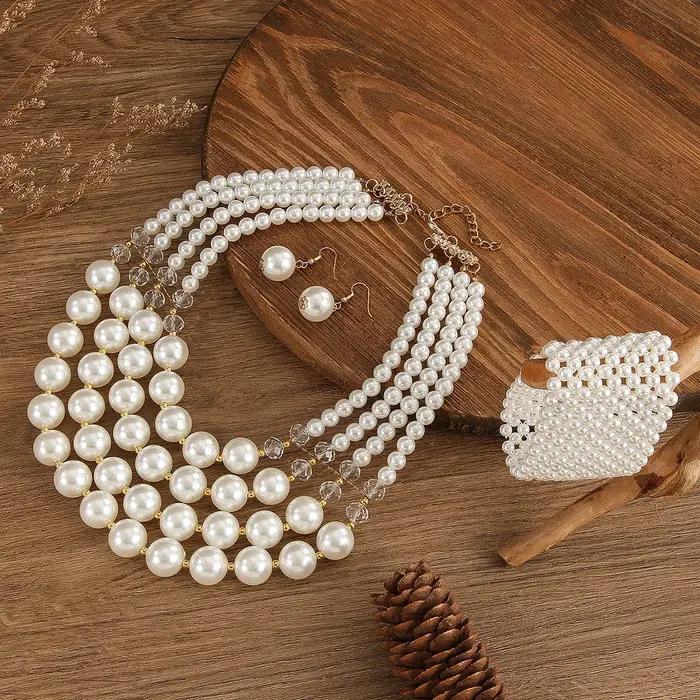 Ensemble de bijoux de mariage pour femmes imitation perles en cristal multicouche fait main collier boucles d'oreilles bracelet occasions spéciales