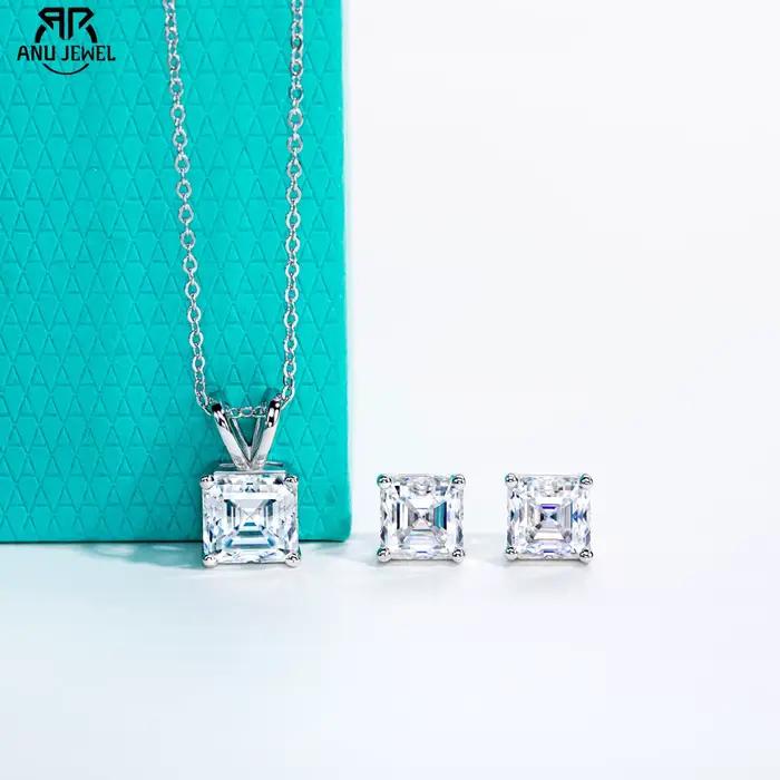 Ensemble de bijoux de mariage AnuJewel Moissanite Asscher collier et boucles d'oreilles en argent sterling 925 avec plaquage or 18 carats pour femmes occasions spéciales