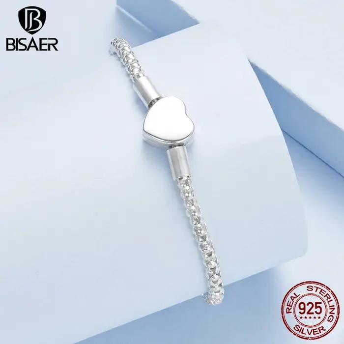 BISAER réel 925 en argent Sterling coeur Bracelet de base amour étoilé Bracelets pour femme breloques perles bricolage bijoux fins EFB209