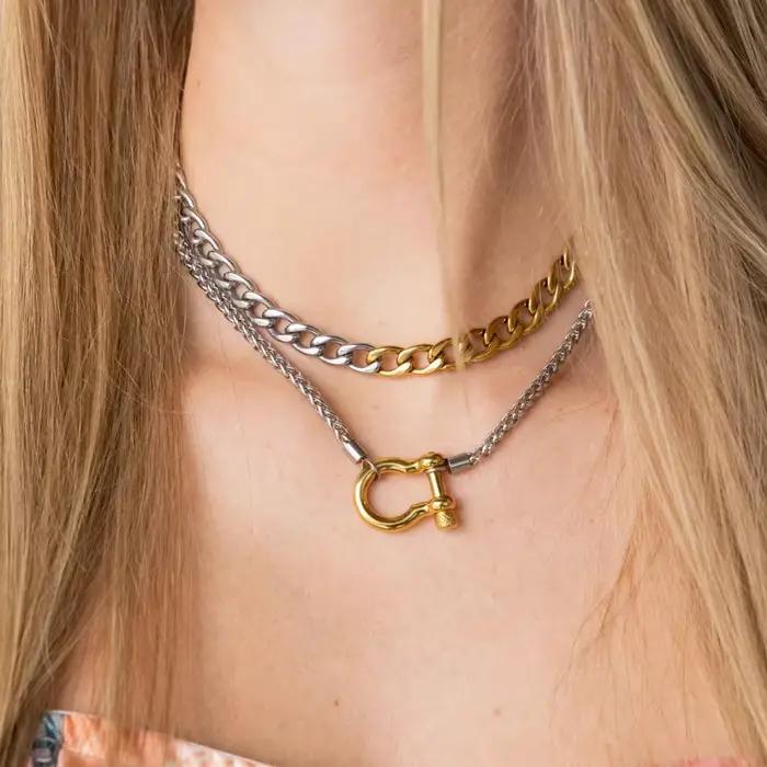 Mousqueton bicolore à breloque épaisse de 18 pouces, fer à cheval, collier en acier inoxydable pour femmes, collier de verrouillage à vis, chaîne en corde, bijoux Vintage