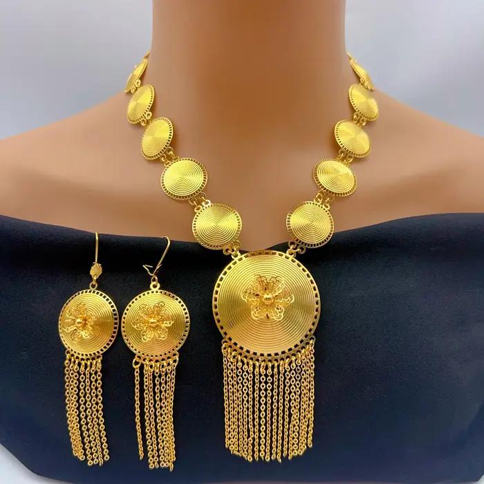Ensemble de colliers longs et volumineux couleur or 24 carats pour femmes, bijoux de luxe indiens, pendentif de fête, bijoux de Dubaï, accessoires, cadeaux