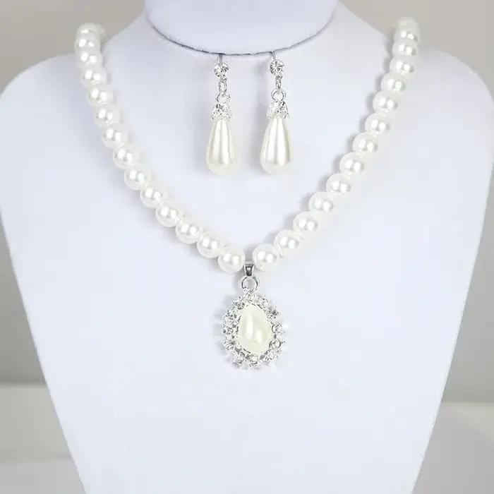 3 pièces/ensemble femmes mariée élégante fête de mariage perle strass collier boucles d'oreilles ensemble de bijoux nouvelle mode