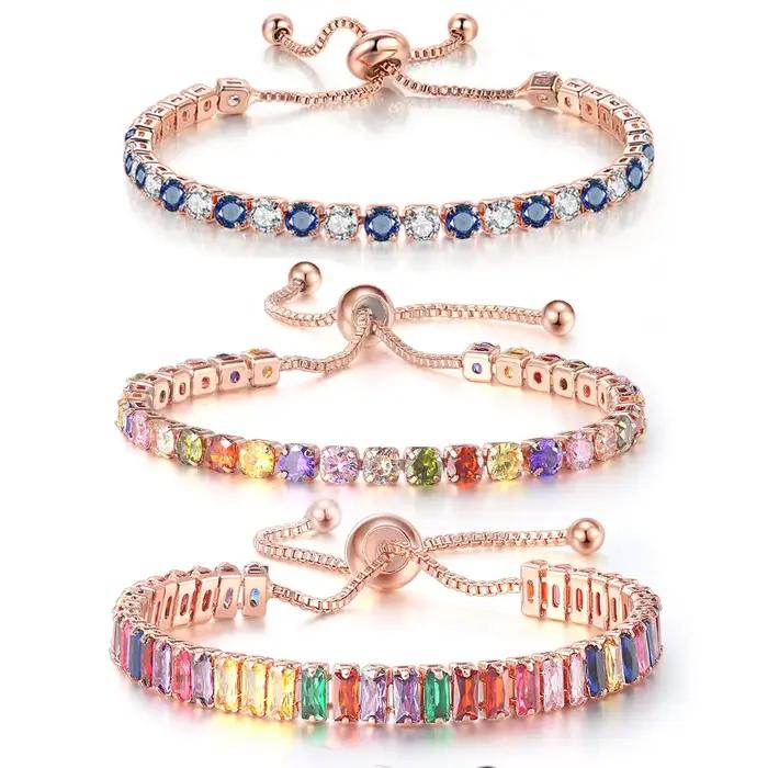 Bracelets de Tennis multicolores réglables pour femmes, bijoux de mariage arc-en-ciel, breloque en Zircon coloré, chaîne à main, DZH043