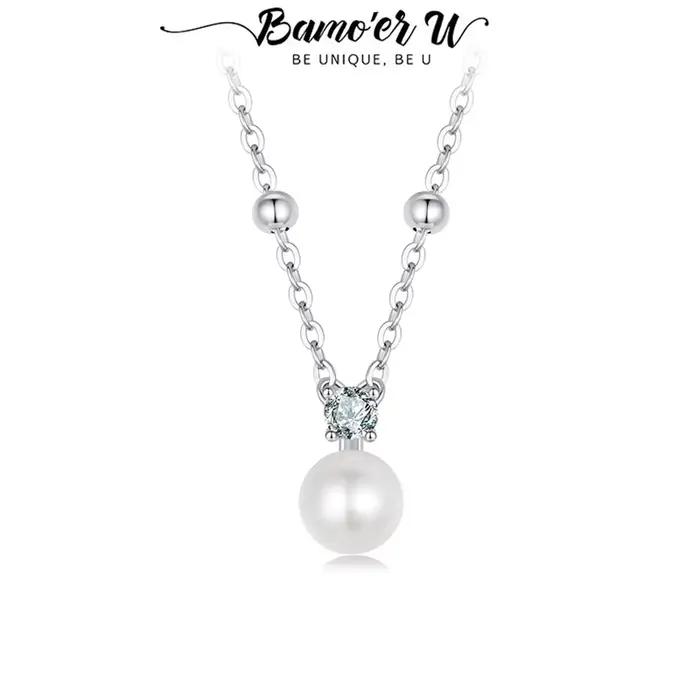 Collier en argent sterling 925 avec pendentif en perles et moissanite pour femmes, bijou certifié, élégant et sophistiqué pour occasions spéciales