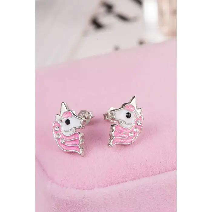 Boucles d'oreilles licorne hypoallergéniques en argent rose clair scintillant avec Zircon pour petites filles, bijoux pour enfants, fête d'anniversaire