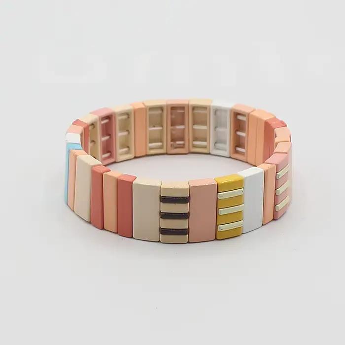 Bracelet en émail 2026, motif géométrique, long carré, coloris arc-en-ciel, bracelet porte-bonheur dopamine, accessoires