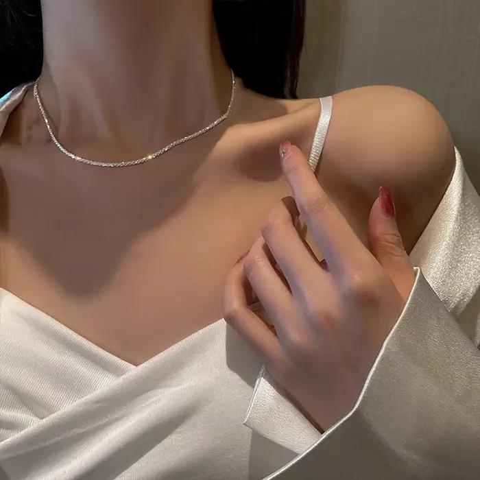 Ensemble de bijoux de collier et de Bracelet de chaîne de clavicule plaquée argent brillant