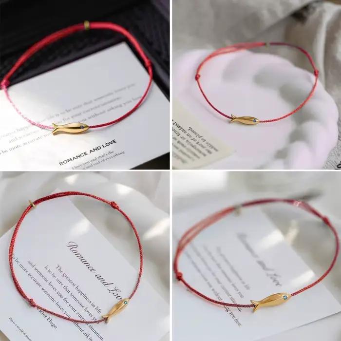 Bracelet poisson réglable pour femme, bijoux ethniques minimalistes faits à la main, ficelle rouge, bleu mignon, cadeau