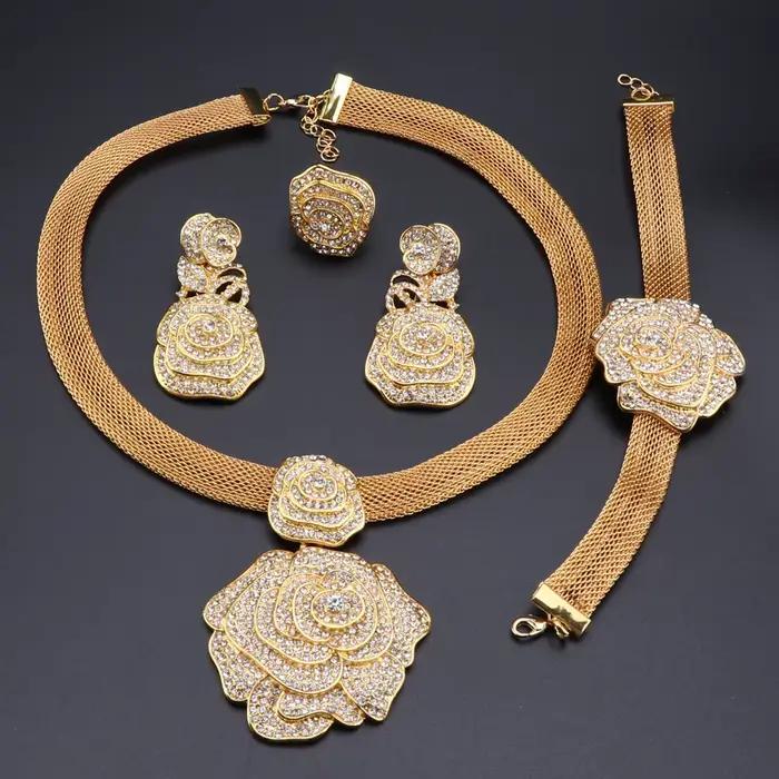 Ensemble de Bijoux en Or de Dubaï pour Femme, Collier, Boucles d'Oreilles, Bracelet, Bague de Luxe,