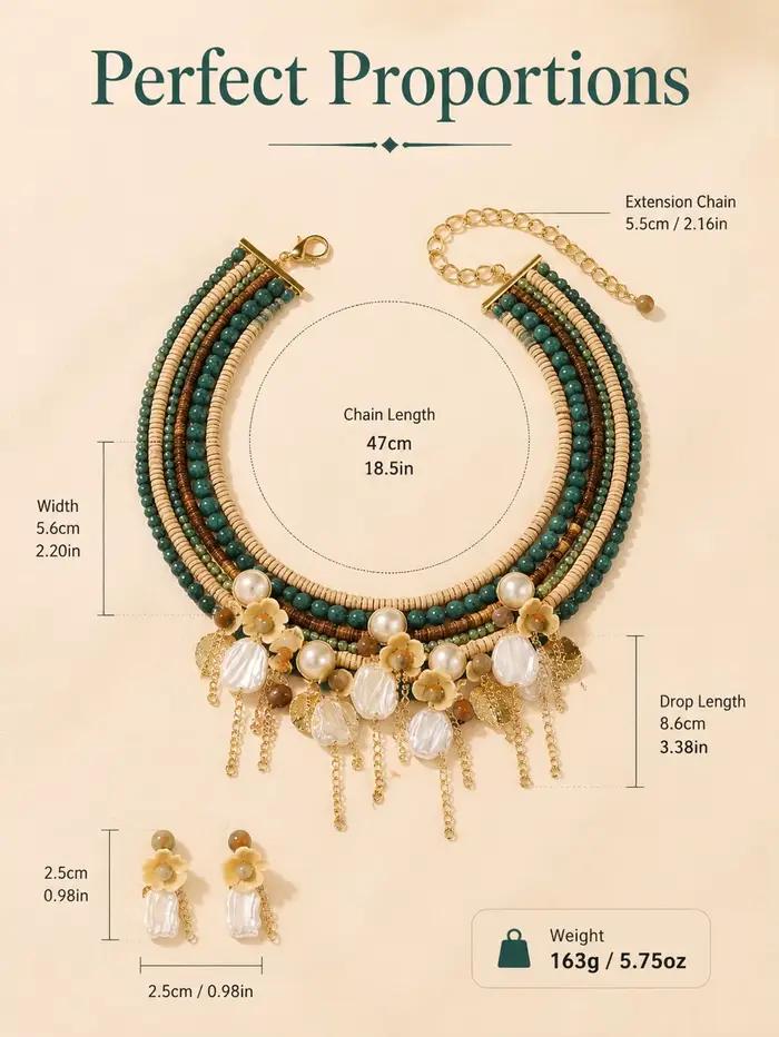 Collier et boucles d'oreilles tendance pour femme, motif fleurs précieuses et perles vintage, bijoux de mariage et de fête
