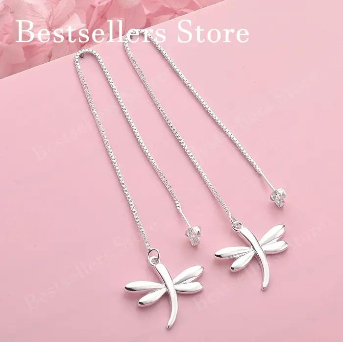 Boucles d'oreilles longues en argent sterling 925 avec motif libellule, charmantes et exquises, pour femmes, bijoux élégants pour cadeau de mariage