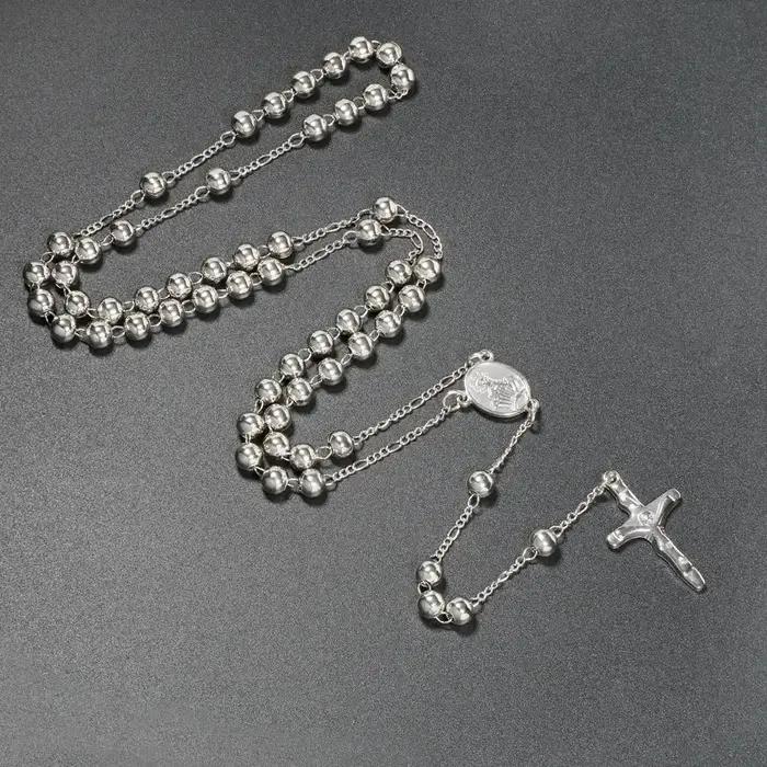 Chapelet catholique pendentif colliers pour femmes 6MM perles chaîne Crucifix croix Long collier hom