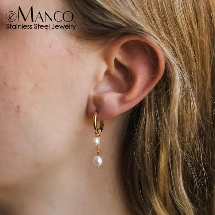 Boucles d'oreilles pendantes en perles d'eau douce de style minimaliste EManco, idéales pour les rendez-vous et les looks chics de bureau, bijoux en acier inoxydable