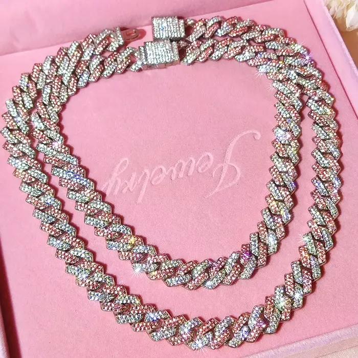 Collier chaîne cubaine Hip Hop pour hommes et femmes, chaîne Miami rose et blanche sertie de strass, bijoux unisexes brillants, cadeau