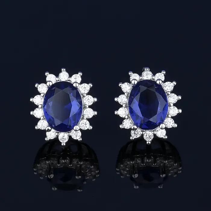 Ensemble de bijoux bleus de luxe pour femmes, collier, boucles d'oreilles et bague en argent sterling 925 avec pierres CZ ovales, bijoux de mariage, cadeau de mariage