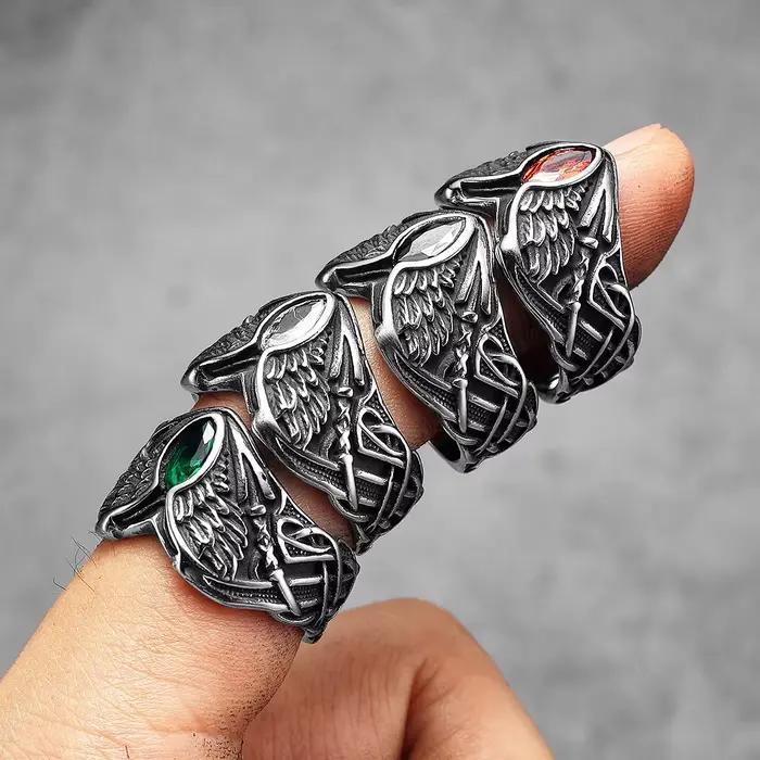 Fallen Angel Wings Gems Stone Rings pour hommes et femmes, acier inoxydable, rétro punk rock gothique, accessoires de bijoux à la mode, cadeau en gros