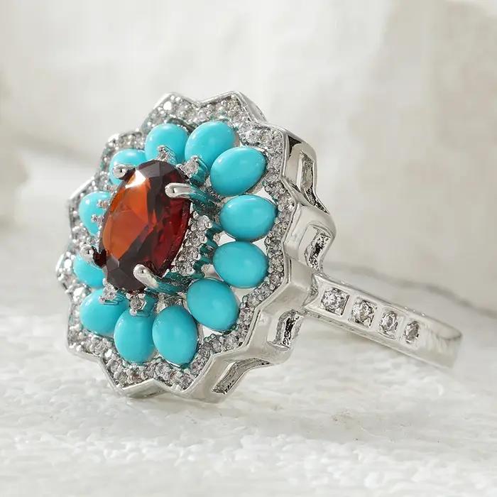 Bague Vintage de Luxe Léger en Forme de Fleur avec Incrustation de Turquoise Synthétique et Zircon, Bague de Tempérament pour Femme, Bijou de Soirée et de Banquet