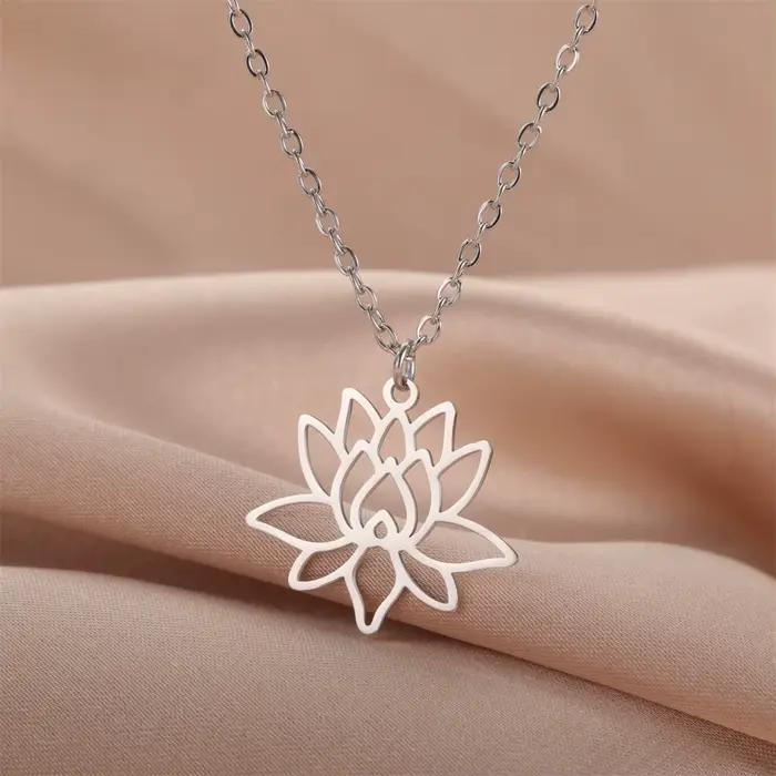 EUEAVAN Colliers Bouddhistes Fleur de Lotus en Acier Inoxydable, Pendentif Yoga Guérison pour Femme, Bijoux Amulette, Vente en Gros
