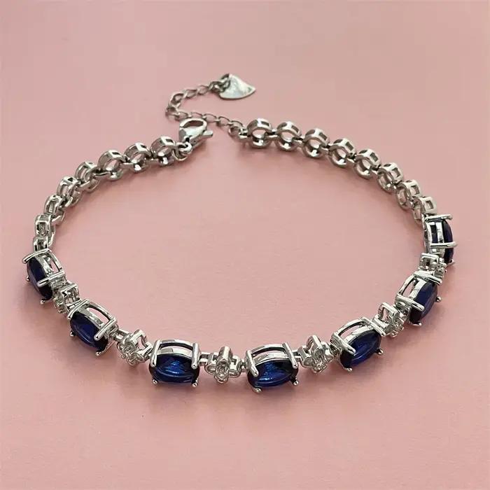 Bracelet en argent sterling 925 avec pierre précieuse bleu foncé, élégant, polyvalent et tendance, c