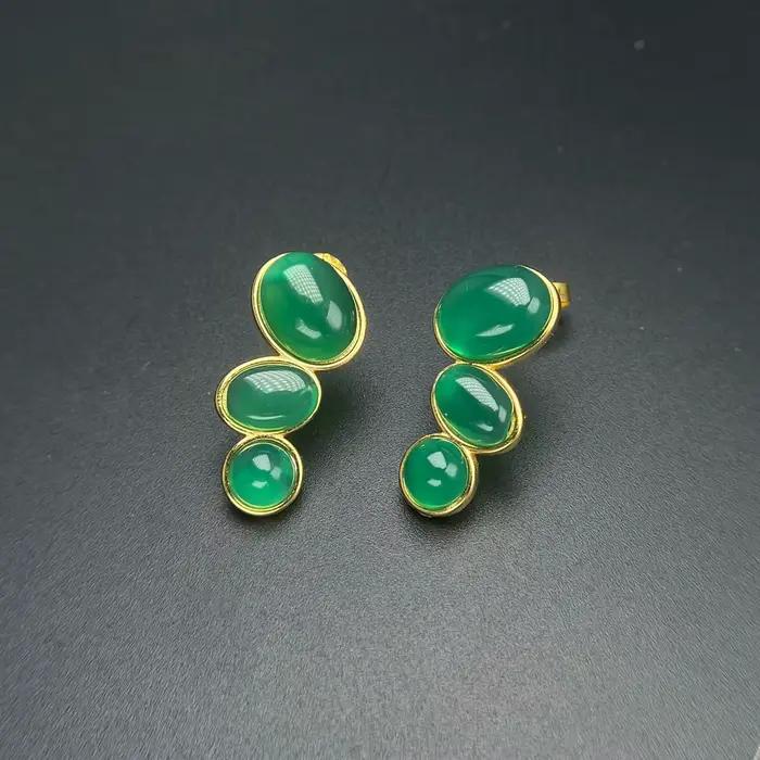 Boucles d'oreilles élégantes en Agate verte naturelle, en argent Sterling 925, or jaune 18 carats, b