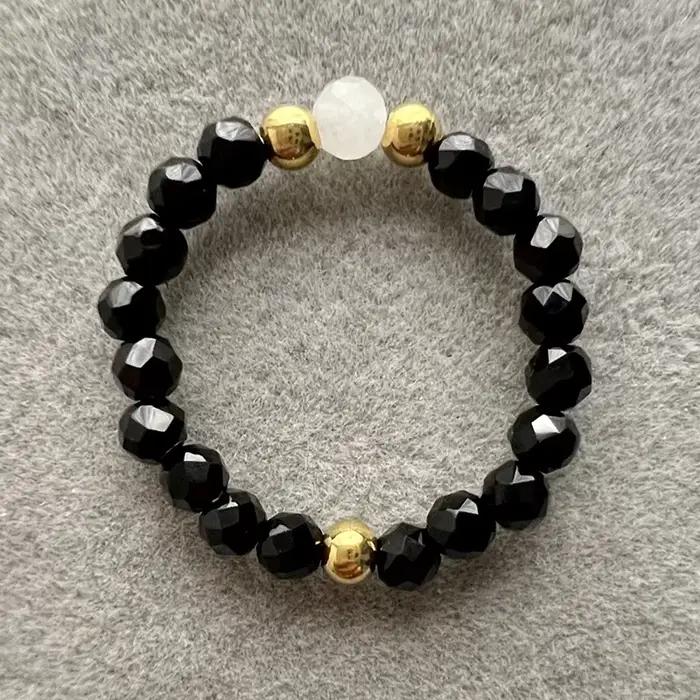 Bague en pierre naturelle élégante faite à la main pour mariage, avec perles en acier inoxydable, bi