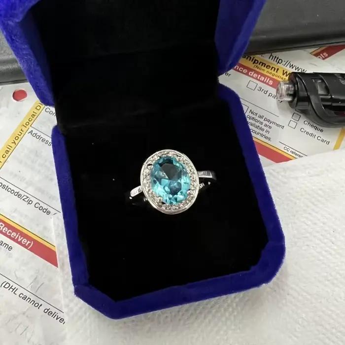 Bague de fiançailles et de mariage en or blanc 10 carats avec diamant aigue-marine de laboratoire